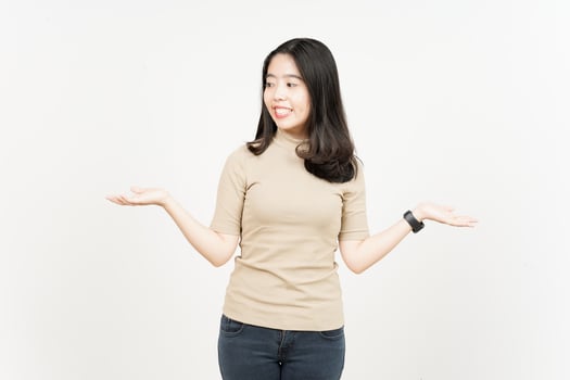 Showing two product on open palm Of Beautiful Asian Woman Isolated On White Background photo