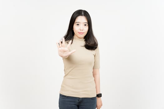 Showing Five Finger Of Beautiful Asian Woman Isolated On White Background photo