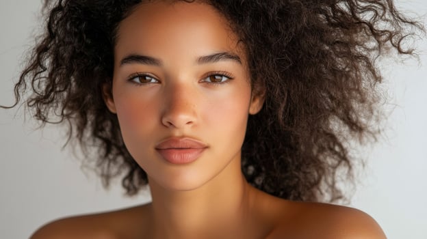 Portrait of a young woman with natural curls displaying confidence and beauty in a soft and minimalistic setting photo