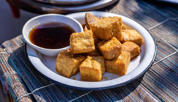 close-up of crispy fried tofu cubes served with soy dipping sauce on a rustic plate photo