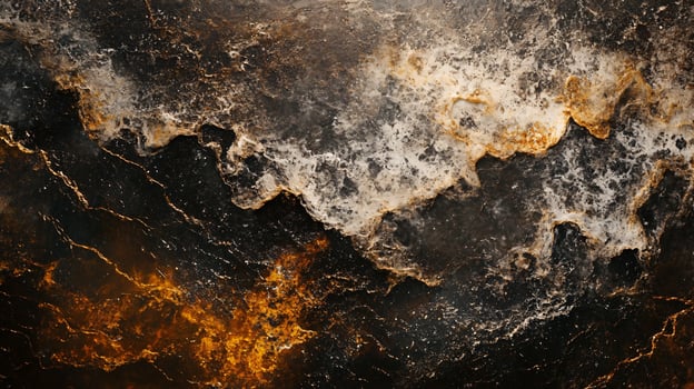 Black and gold painting of a mountain range with a dark sky. The painting has a mood of mystery and awe photo