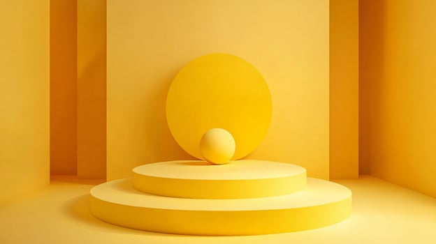 Yellow room with a yellow ball on a pedestal. The room is empty and the ball is the only object in the room photo
