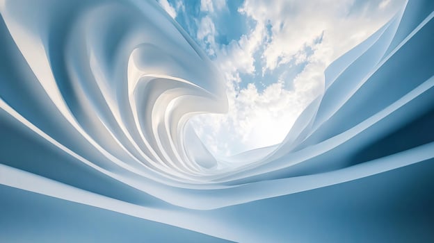 Blue and white image of a wave with a cloudy sky in the background. The image has a dreamy and ethereal quality to it, with the wave appearing to be made of paper or some other thin material photo