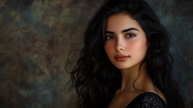 Woman with long dark hair and a red nose. She is wearing a black dress and has a red lipstick photo