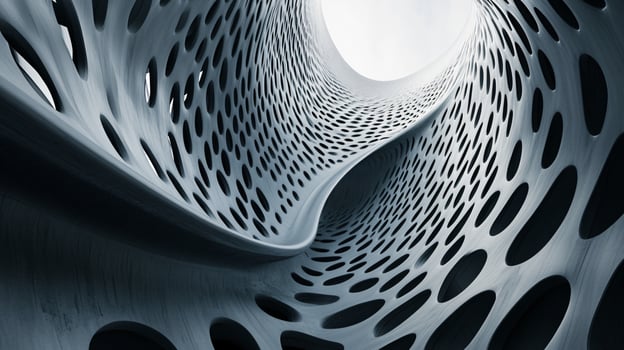 Spiral shaped building with many small holes in it. The building is made of concrete and has a very modern look photo