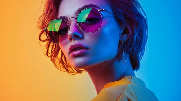 Woman wearing sunglasses and a yellow shirt. The sunglasses are purple and green. The woman is standing in front of a colorful background photo