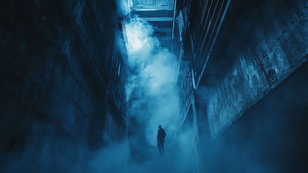 Man is walking through a dark, smoke-filled tunnel. The tunnel is blue and the smoke is thick, creating a sense of claustrophobia and unease photo