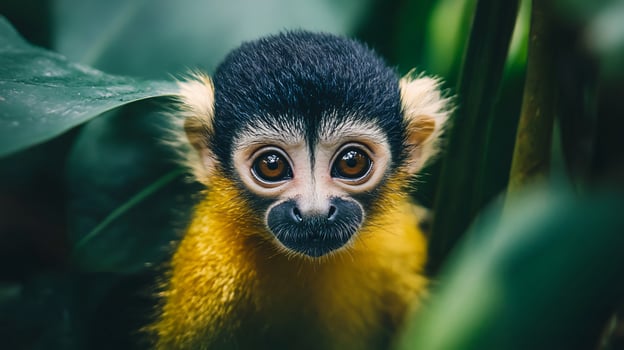 Baby monkey with a yellow face and black ears is peeking out from behind some leaves. Concept of curiosity and playfulness, as the baby monkey seems to be exploring its surroundings photo