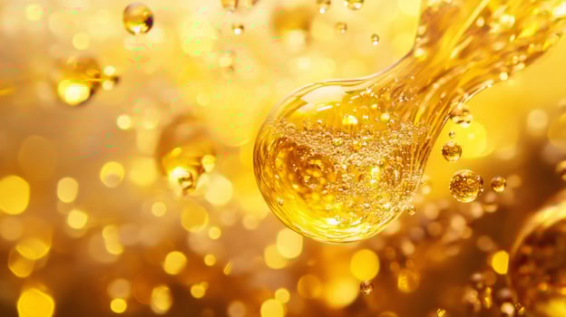 Yellow liquid with bubbles in it. The bubbles are small and scattered throughout the liquid. The liquid appears to be oil or some type of oil-based product photo