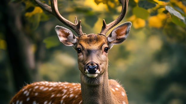 Deer with antlers is standing in a forest. The deer is looking at the camera. The forest is full of trees and leaves photo