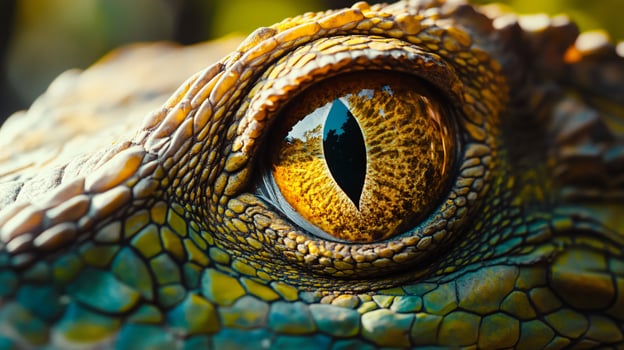 Close up of a lizard's eye with a yellow iris. The eye is surrounded by a green and brown pattern photo
