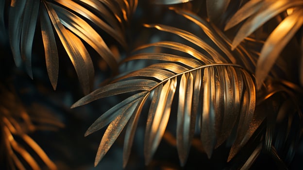 Close up of a leaf with a gold tint. The leaf is surrounded by a dark background photo