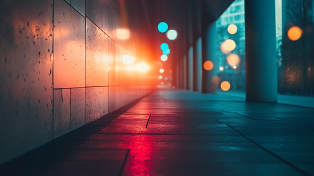 Blurry photo of a city street at night with a red light in the background. The street is empty and the lights from the red light create a warm, inviting atmosphere