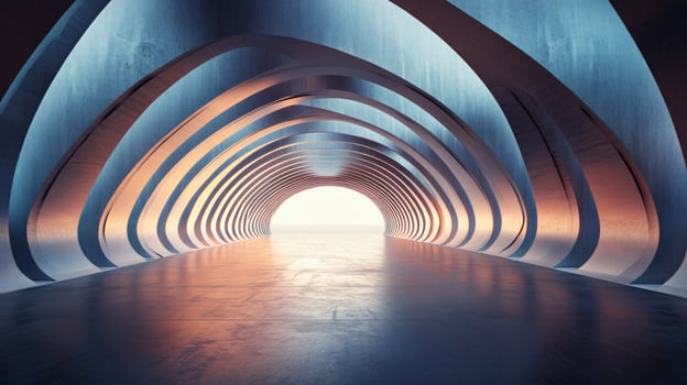 Long tunnel with a bright light shining through it. The tunnel is made of concrete and has a very modern look to it photo