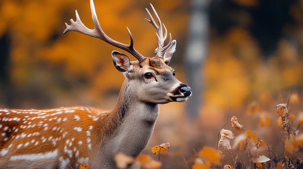 Deer with antlers is standing in a field of autumn leaves. The deer is looking to the right photo