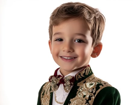 A young boy in a green and gold outfit photo