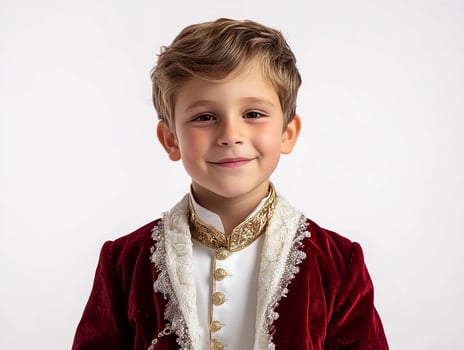 A boy in a red velvet suit posing for a photo