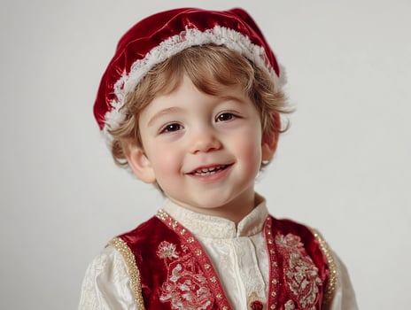 A young boy in a red and white outfit photo