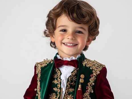 A little boy in a green and red outfit photo