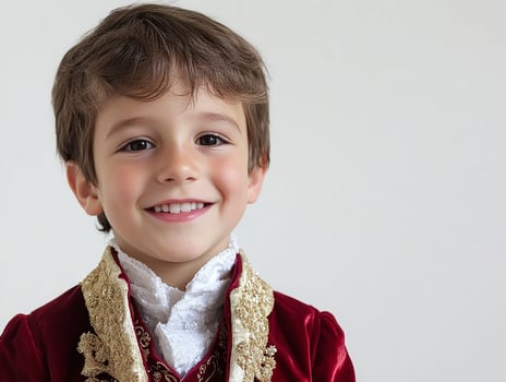A young boy in a red velvet suit smiling photo