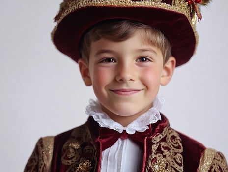 A boy in a traditional costume poses for a photo