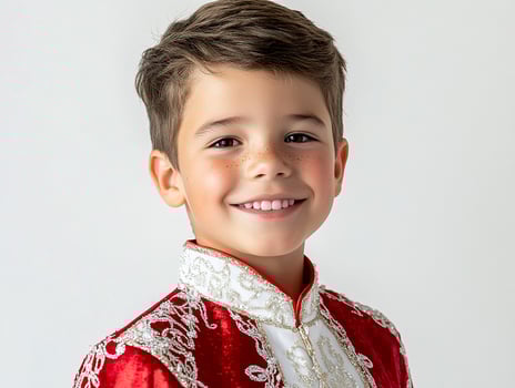 A young boy in a red and white outfit photo