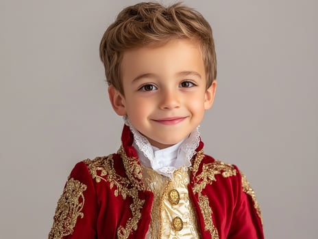 A young boy in a red and gold costume photo