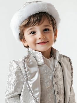 A little boy in a silver suit and hat photo