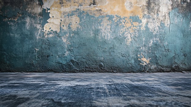 Wall with a blue and white paint job and a large empty space. The wall is covered in graffiti and has a lot of texture. The space is open and has a lot of potential for art or decoration photo