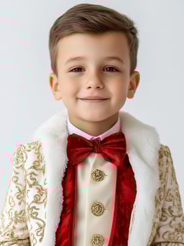 A young boy in a red and white suit photo