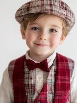 A young boy wearing a red plaid vest and a bow tie photo