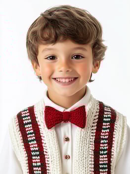 A young boy wearing a knitted vest and bow tie photo