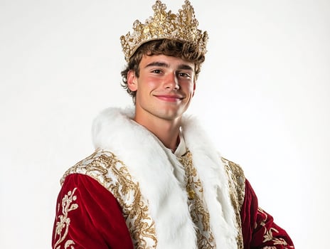 A young man in a gold and red outfit with a crown photo