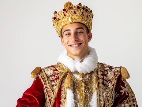 A young man in a red and gold costume photo