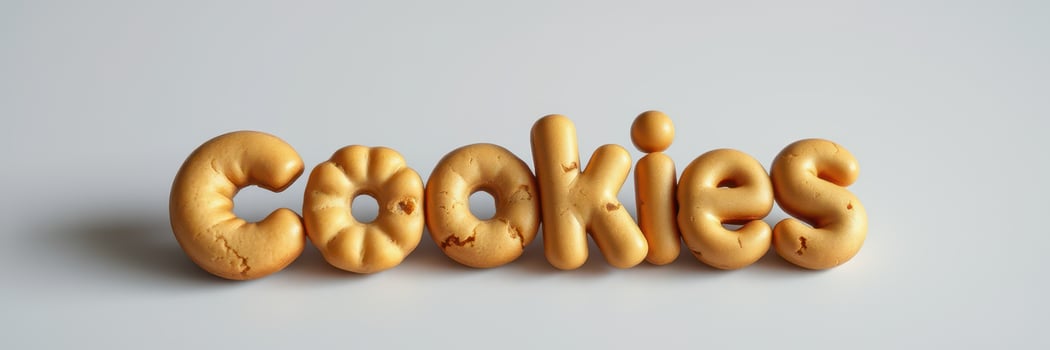 Freshly baked cookies arranged in fun lettering on a light surface photo