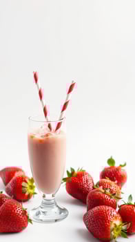 Refreshing strawberry smoothie with two straws and fresh strawberries surrounding the glass photo