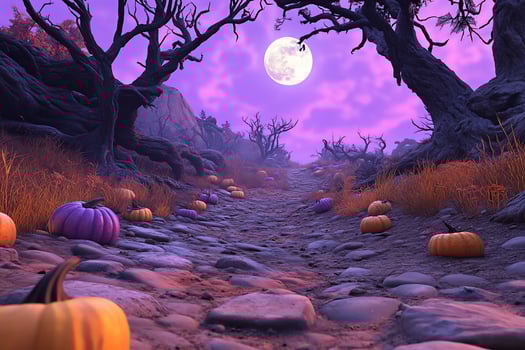 Halloween pumpkins in a forest with a full moon photo