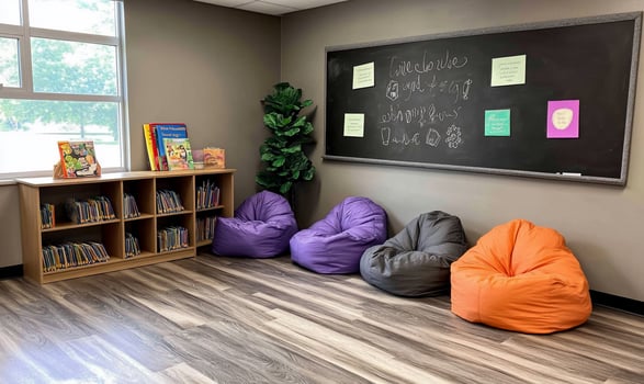 A classroom with bean bags and a chalk board photo