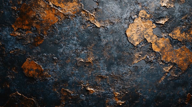 Wall with a lot of cracks and peeling paint. The wall is mostly blue with some orange and brown spots photo