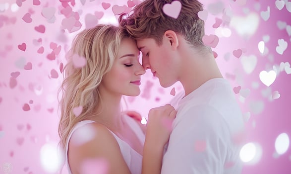 A man and woman are embracing under pink hearts photo