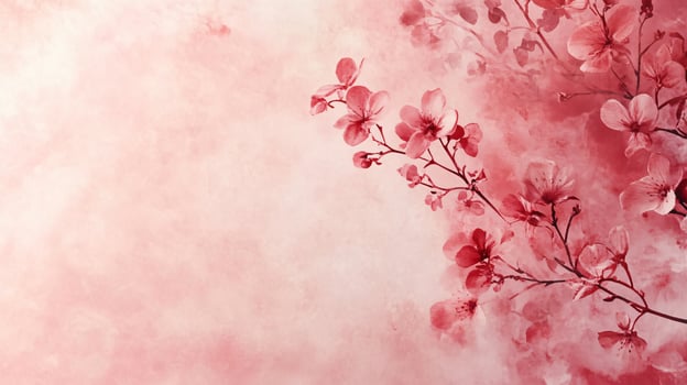 Beautiful pink background with a branch of red flowers in the foreground. The flowers are delicate and vibrant, creating a sense of freshness and life. The pink background adds a touch of elegance photo