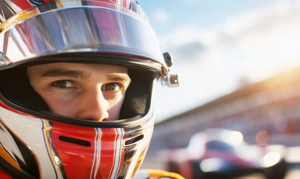 A close up of a man in a racing helmet photo