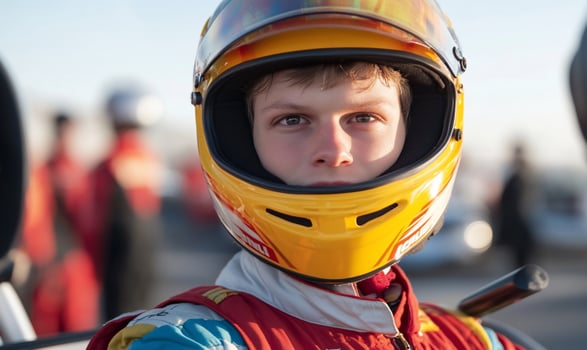 A young boy wearing a helmet in a race car photo