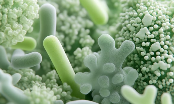A close up of a green plant with many different types of bacteria photo