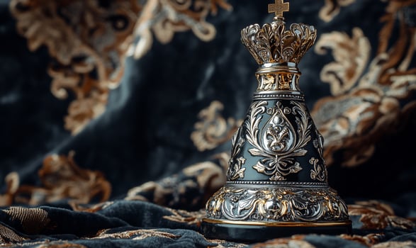 A black and gold vase with a crown on top photo