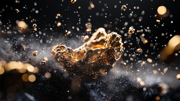 Gold object is surrounded by a cloud of dust. The image has a sense of chaos and destruction, as the gold object is being bombarded by the dust. The gold object appears to be a small, shiny rock photo
