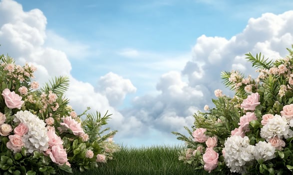 A field with pink and white flowers and grass photo