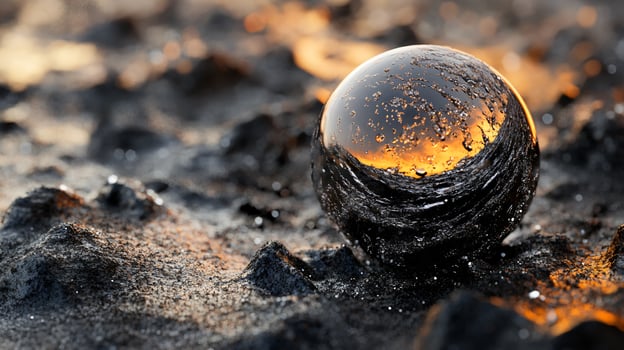 Large, black, shiny, and reflective ball is sitting on a rocky surface. The ball appears to be surrounded by a pool of water, which is reflecting the light from the sun. The scene has a serene photo