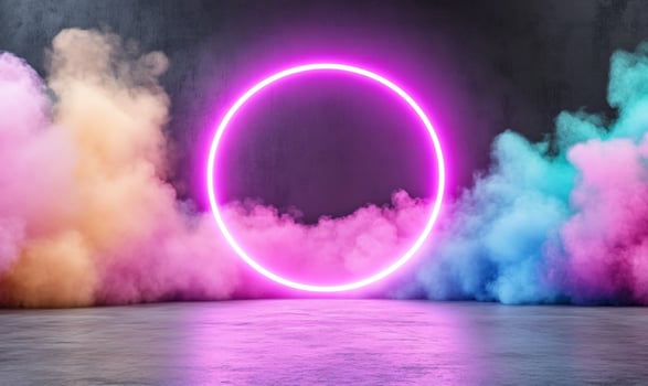 A neon circle surrounded by colorful smoke photo