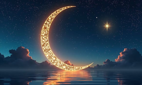 Celestial night sky crescent moon with intricate golden photo